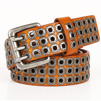 Genuine Leather Men's Belt – Corn-Grain Texture with Hollow Rivet Buckle