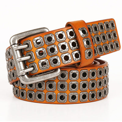 Genuine Leather Men's Belt – Corn-Grain Texture with Hollow Rivet Buckle