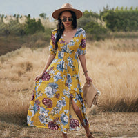 Graceful Summer Floral Dress - V Neck Elastic Waist Comfort Fit for Women