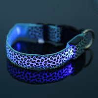 Glow-in-the-Dark LED Dog Collar - Safety Adjustable Nylon Leopard Pet Collar for Nighttime Walks