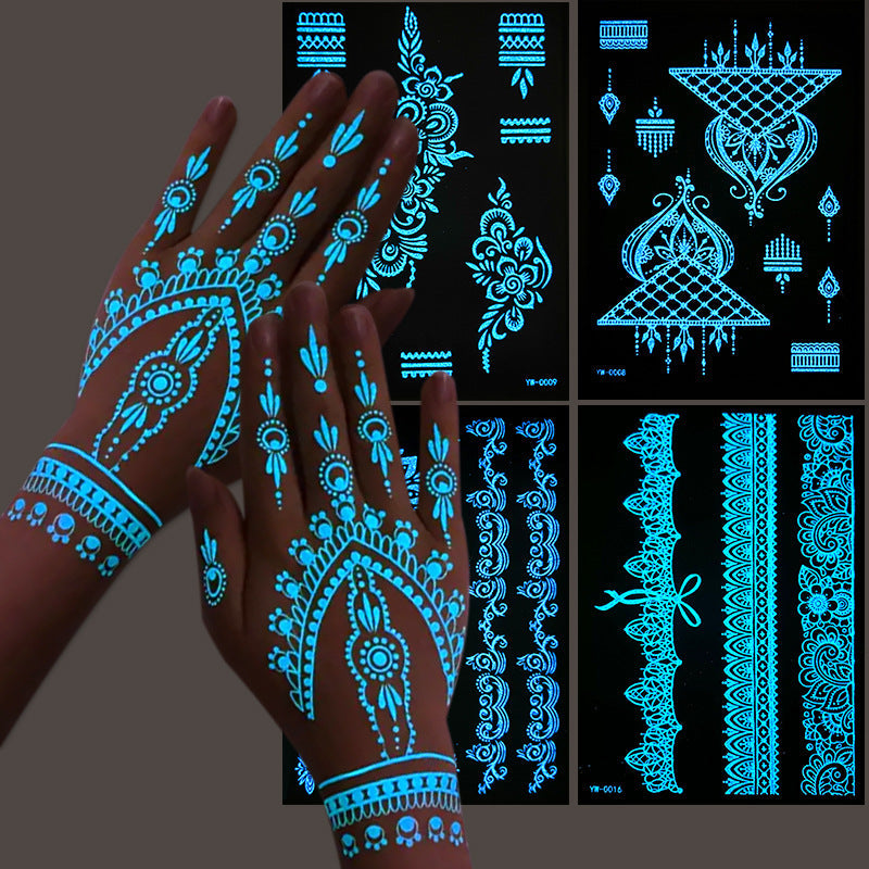 Glow-in-the-Dark Henna Tattoo Stickers - Luminous Lace Designs for Festive Celebrations & Parties