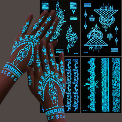 Glow-in-the-Dark Henna Tattoo Stickers - Luminous Lace Designs for Festive Celebrations & Parties