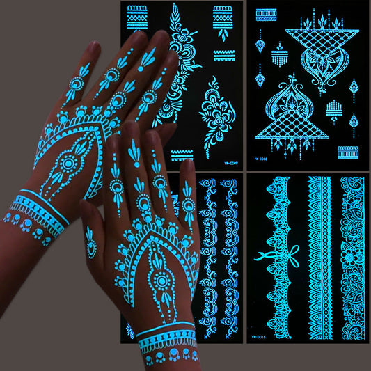 Glow In The Dark Henna Tattoo Stickers  Intricate Lace Hand & Arm Designs For Halloween Christmas Parties  Light Up Your Party What Else You Got?