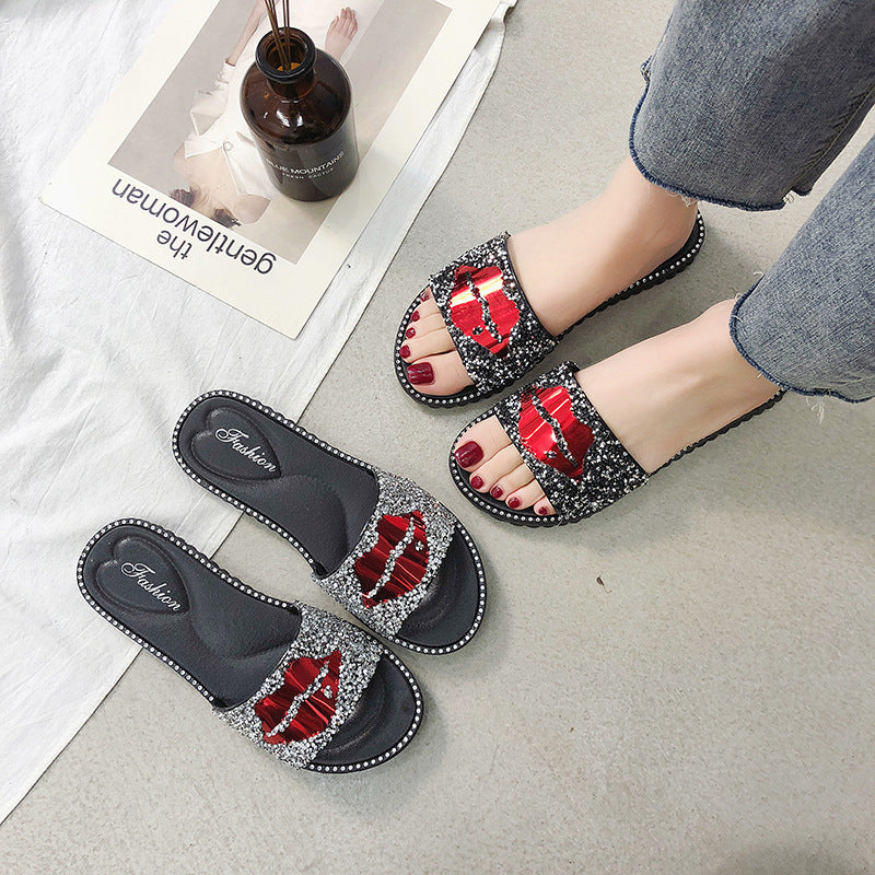Lip Rhinestone Slippers