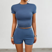 Elegant Christian Activewear: 2-Piece Slim Sports Suit with Round Neck Tee & Elastic Shorts for Summer Workouts