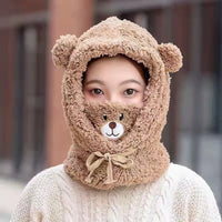 Adorable Bear Plush Winter Hat with Scarf & Mask - Cozy & Windproof for Men & Women