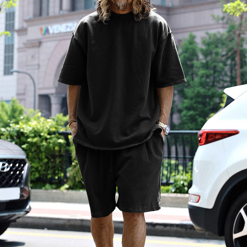 2pcs Loose Sports Suits Summer Round Neck Short-sleeved T-shirt And Drawstring Pockets Shorts Casual Solid Color Set Mens Clothing What Else You Got?