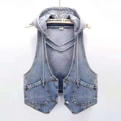 Trendy Korean Denim Vest Jacket – Lightweight Hooded Layering Outerwear for Women