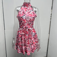 Graceful Floral Halterneck Dress with Lace-Up Ruffles - Summer Elegance for Women