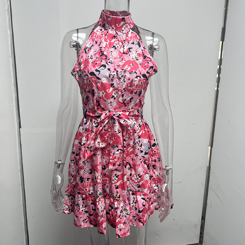 New Flowers Print Halterneck Dress Summer Fashion Temperament Lace-up Ruffled Dresses For Women What Else You Got?