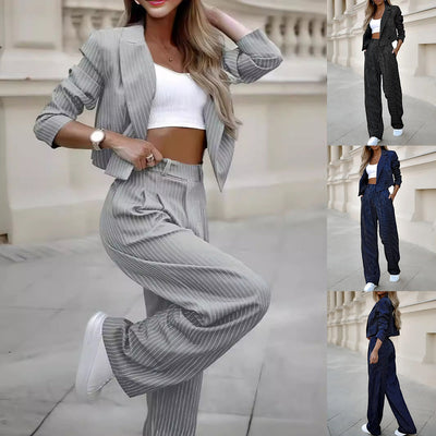 Chic Striped Christian Suit Set - Modest Lapel Top & Straight Pants for Spring & Summer - Elegant Faith-Inspired Fashion