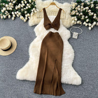 Elegant Two-Piece Knitted Vest with Slimming Slit Skirt - Modest & Stylish