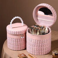 Elegant PU Cylinder Cosmetic Bag with Built-in Mirror - Travel & Vanity Organizer