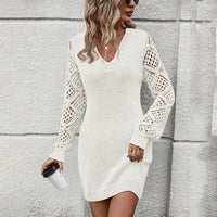 Women’s V-Neck Knit Dress – Slim-Fit Long-Sleeve Viscose Blend Dress