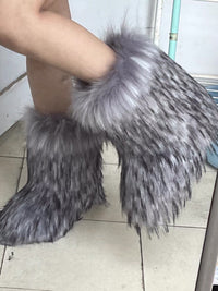 Cozy Raccoon Dog Fox Fur Snow Boots - Warm Winter Footwear for Women