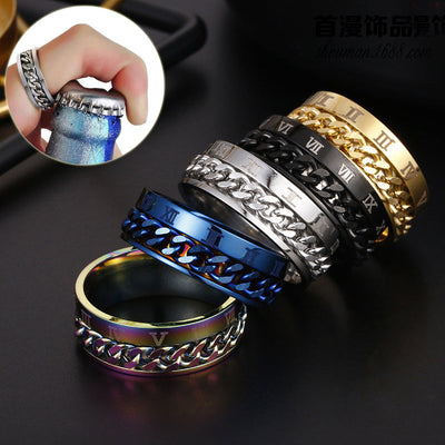 Men’s Roman Numeral Spinner Ring – Titanium Steel Fidget Chain Band, Punk & Couple Jewelry
