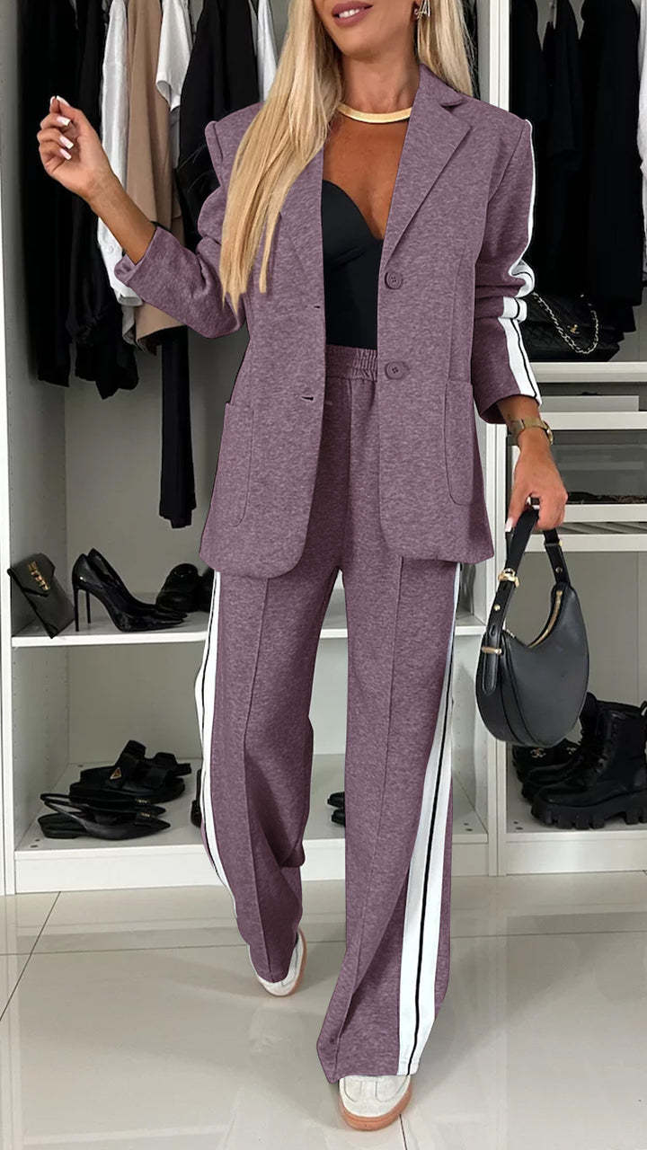 Women's Casual Suit Lapel Single-breasted Jacket And Striped Straight Pants Fashion Sports Trousers Suit Outerwears Clothing What Else You Got?