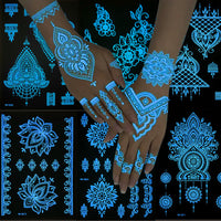 Glow-in-the-Dark Henna Tattoo Stickers - Luminous Lace Designs for Festive Celebrations & Parties