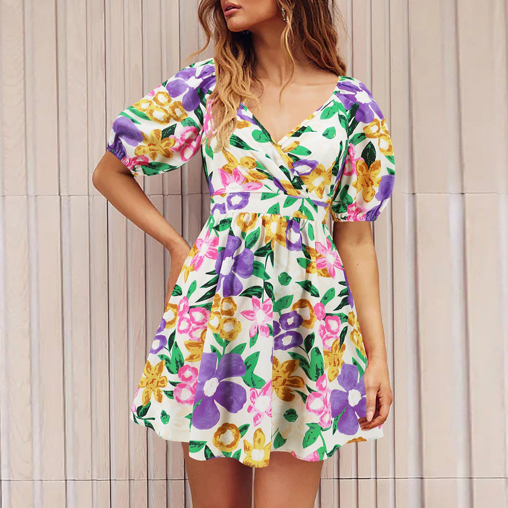 Flowers Print V-Neck Lantern-sleeve Dress Y2K Summer Vacation Beach Short Dresses Fashion Womens Clothing What Else You Got?