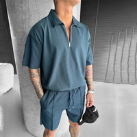 Men's Summer Breathable Zipper Polo & Drawstring Shorts Set - Comfortable Casual Outfit