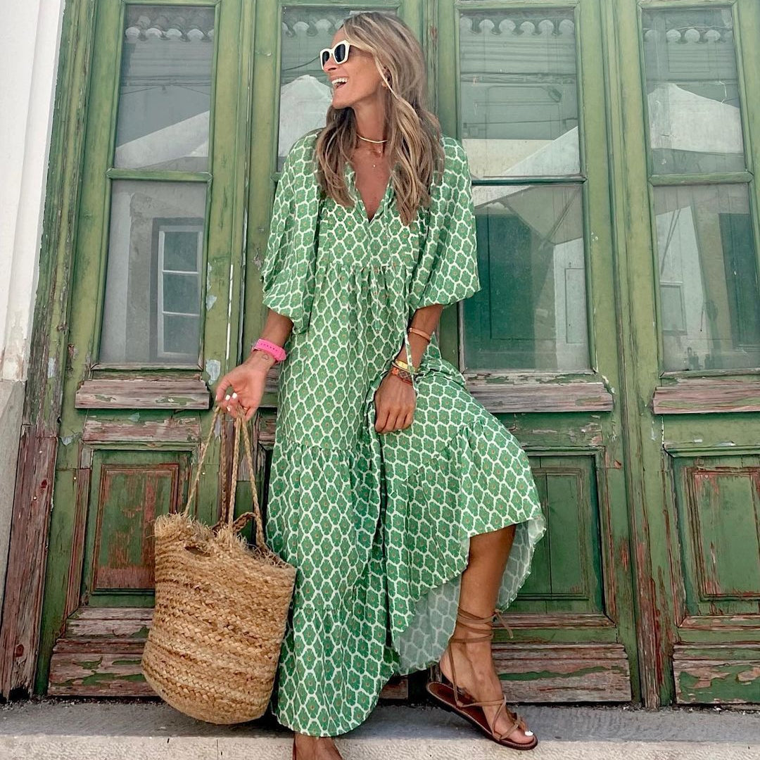 Women's Vintage Printed Bohemian Dress – Flowy Summer Dress