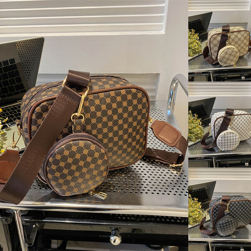 Vintage Plaid Crossbody Set - Trendy PU Leather Bag & Mini Pouch Combo