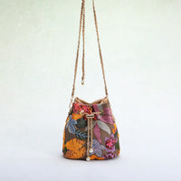 Mesh Patchwork Bucket Bag – Color-Block Drawstring Crossbody with Chain Strap