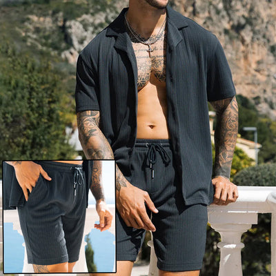Men's Summer Beach Suit - Lightweight 2-Piece Lapel Shirt & Shorts Set in Cotton Blend