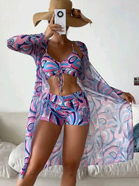Elegant 3-Piece Floral Swimsuit with Long Sleeve Cardigan - Summer Beach Outfit for Women