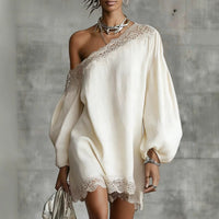 Women's Off-Shoulder Lace Trim Blouse – Elegant & Comfortable Long-Sleeve Top
