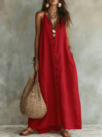 Women's Lightweight Cotton-Linen Maxi Dress – Effortless Summer Style with Button Front