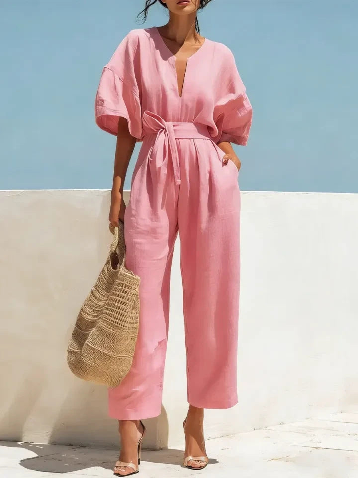 Fashionable V-Neck Solid Color Cotton-Linen Jumpsuit For Women What Else You Got?