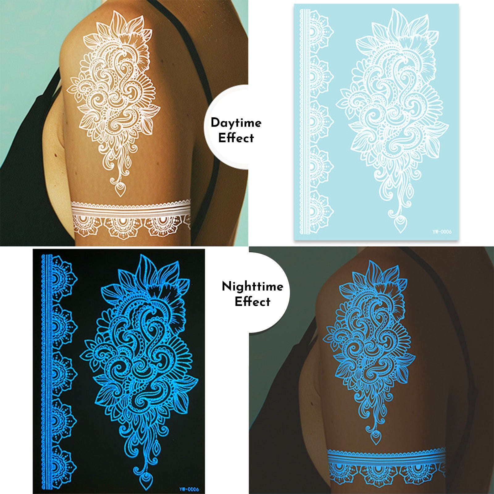 Glow In The Dark Henna Tattoo Stickers  Intricate Lace Hand & Arm Designs For Halloween Christmas Parties  Light Up Your Party What Else You Got?