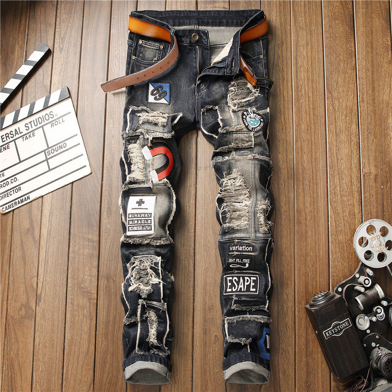 Men's Stylish Badge Patch Ripped Jeans - European & American Fit