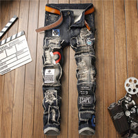 Men's Stylish Badge Patch Ripped Jeans - European & American Fit