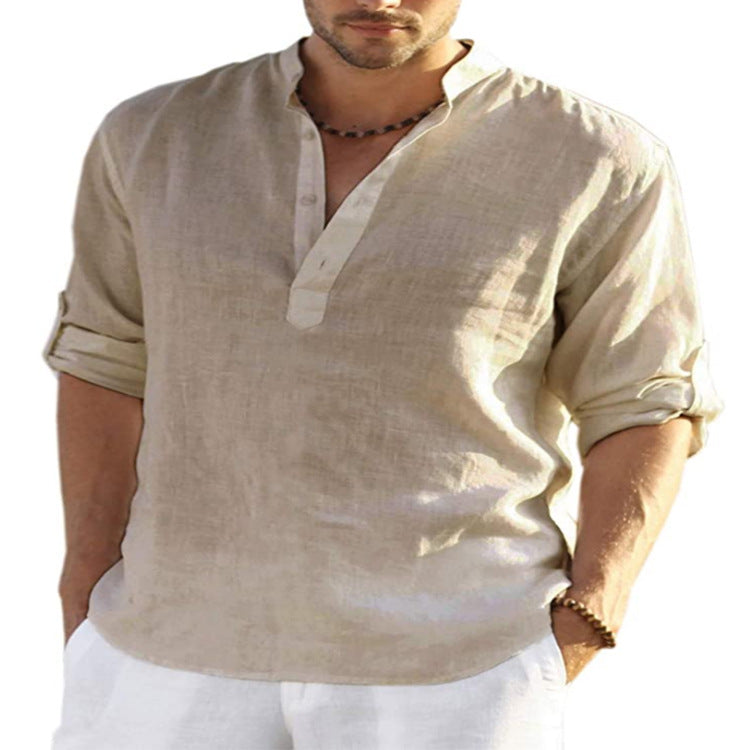 Men's Casual Cotton Linen Solid Color Long Sleeve Shirt Loose Stand Collar What Else You Got?