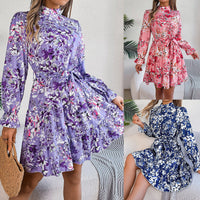 Elegant Floral Print A-Line Midi Dress with Standing Collar & Long Sleeves – Romantic & Flattering