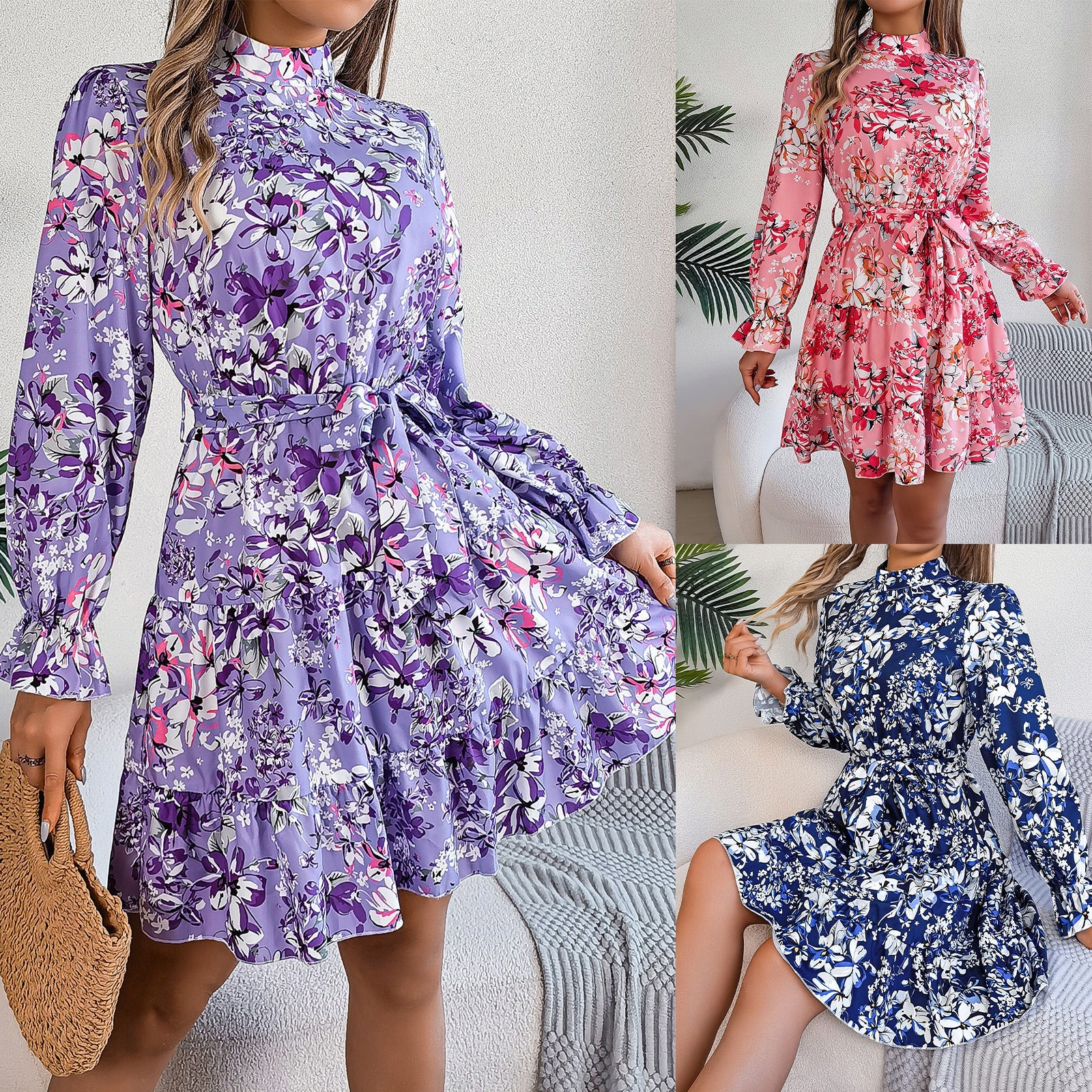 Standing Collar Floral Print Waist-controlled Long Sleeves Ruffled A-line Dresses For Women Spring Autumn Ruffle Edge Long Dress What Else You Got?