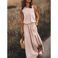 Elegant Women's Summer Dresses - Side Slit A-Line Sundress with Pockets (Solid Casual O-Neck Sleeveless)