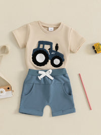 Cute & Comfortable Toddler Boys Summer Outfit with Truck Embroidery - Round Neck Tee & Shorts Set