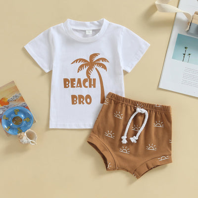 Adorable Newborn Baby Boy Summer Outfit - Coconut Tree & Sun Print T-Shirt with Elastic Shorts Set