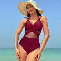 Elegant Halter-Neck Cross-Strap Swimsuit – Modest & Stylish Beachwear