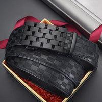 Men's Automatic Buckle Leather Belt - Genuine Cowhide, Elegant Plaid Design