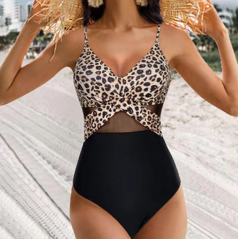 Halter-neck One-piece Swimsuit Summer Solid Color Cross-strap Design Mesh Bikini Beach Vacation Womens Clothing What Else You Got?