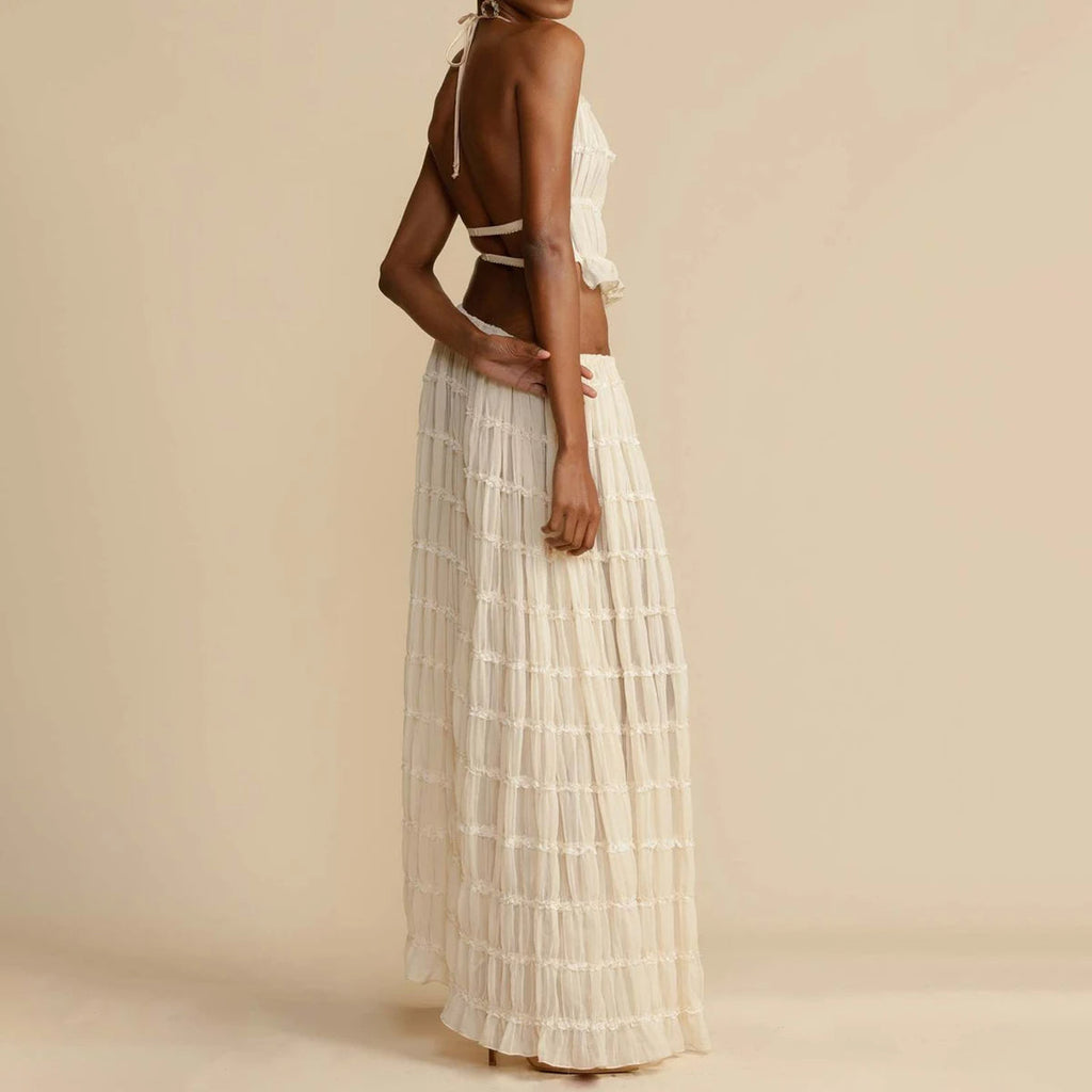 2pcs Women's Dress Suit Sexy Sleeveless Backless Cropped Halter Top And Pleated Long Skirt Beach Clothing What Else You Got?