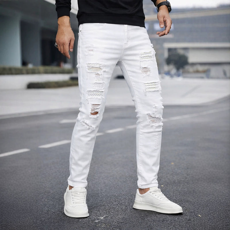 Beaded Slim Straight-leg Denim Jeans For Men