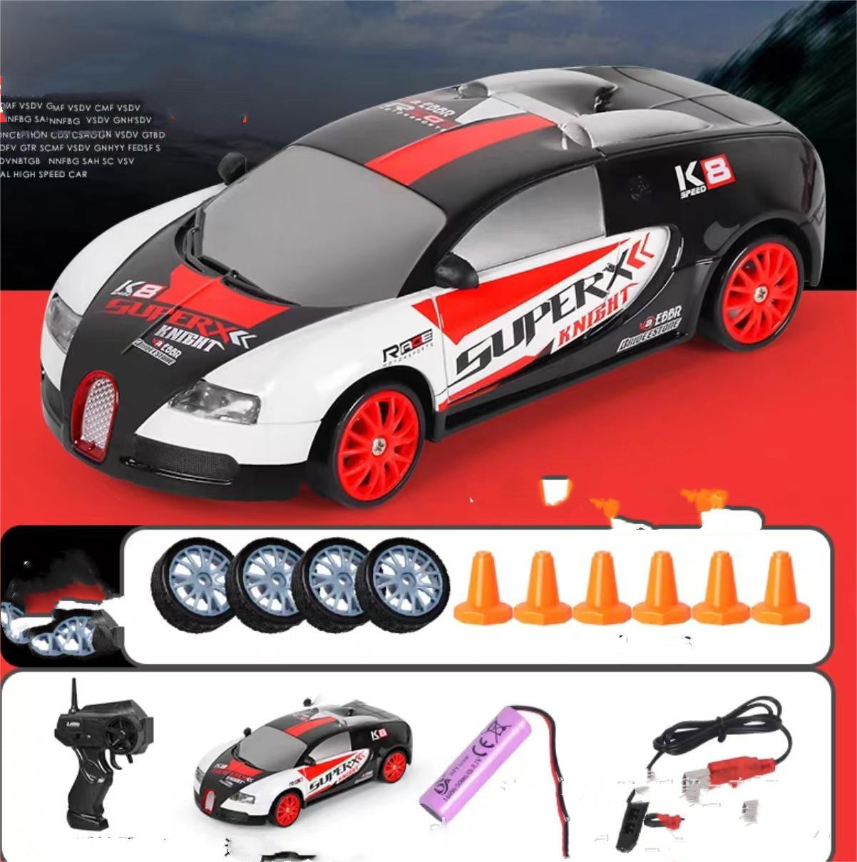 2.4GHz 1:24 4WD RC Drift Car with LED Lights – High-Speed Remote Control Racing Car for Kids (Rechargeable, Cones Included) What Else You Got?