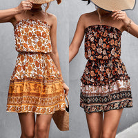 Vibrant Boho Floral Strapless Mini Dress – High Waist A-Line Beach Party Dress in Black & Orange