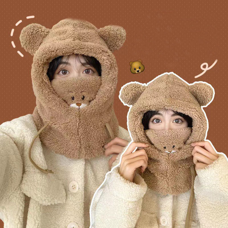 Cute Bear Plush Winter Hat with Thickened Scarf, Mask & Drawstring Design What Else You Got?