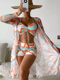 Elegant 3-Piece Floral Swimsuit with Long Sleeve Cardigan - Summer Beach Outfit for Women